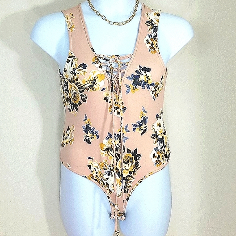 tank top Bodysuit sleeveless Pink floral NEW V Neck Lace Up Tie Garden Fairy NWT